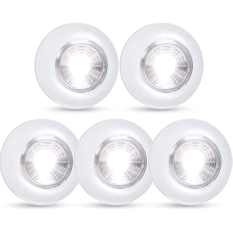 Dream Master Battery Operated Lights Tap Lights LED Push Lights Stick on Lights Portable Under Cabinet Lighting Wireless Kitchen Closet Counter Night Lights 5 Pack, White, Cool Light Cover