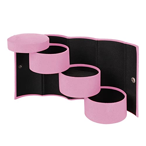 NDiyueAa Caja de almacenamiento de joyas de alta capacidad, para diseño de mini cilindro con tres compartimentos, giro de 360 ​​grados, botón de cierre especial, textura, soporte (Rosa)