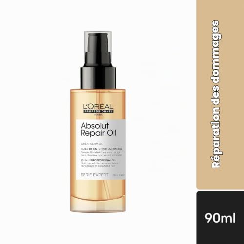 L'OREAL PROFESSIONNEL - Huile Cheveux 10-en-1 Absolut Repair - Cheveux Secs & Abîmés, Raides à Bouclés - Thermoprotecteur Sans Rinçage & Démêlant - Nourrit, Protège & Adoucit - Toucher Léger - 90 ml
