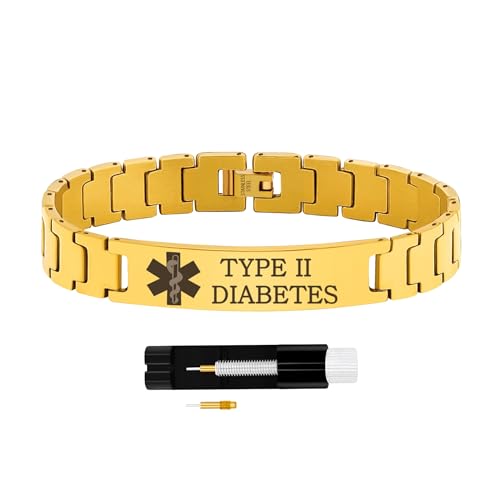 Zircobic Diabetes Typ II Armband Gold – Wasserdichter lasergravierter Edelstahl, inkl. Werkzeug, langlebig und leicht, ideal für Reisen und Fitness Zircobic Diabetes Typ II Armband Gold – Wasserdichter lasergravierter Edelstahl, inkl. Werkzeug, langlebig und leicht, ideal für Reisen und Fitness