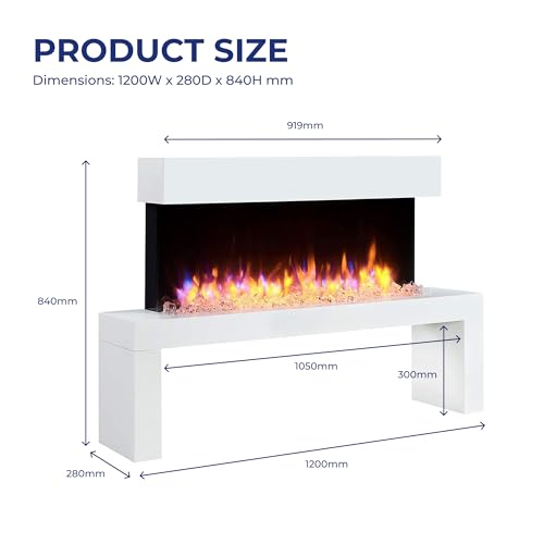 Endeavour Fires Wykeham 119.4 cm montowany na ścianie kominek elektryczny Suite z białawym obramowaniem i cokołem podstawy, efekt płomienia 3D, 13-kolorowe oświetlenie LED, grzejnik 1-2 kW, pilot