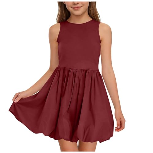 Girls A-Line Puffy Mini Dress, Sleeveless Casual Summer Crewneck Swing Cute Beach Sundresses for 4-14 Years