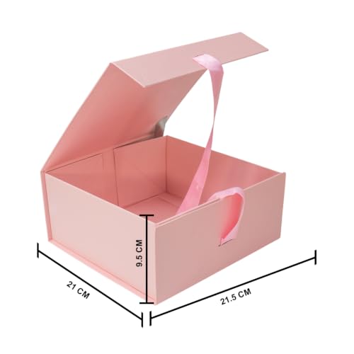 Image of Kura by Ekhasa Foldable Large Multipurpose Gift Hamper Box (21.5 x 21 x 9.5 cm) with Magnetic Closure & Ribbon | Pink Rigid Cardboard Empty Reusable Packing Box | Birthday, Wedding & Festive Gifting