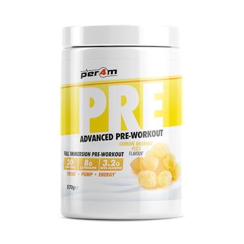 Per4m Pre Workout Powder | Intense Pump, Sustained Energy & Mental Focus | L-Citrulline, Beta Alanine & Caffeine & Added Hydration (570g, Lemon Sherbet Fizz)
