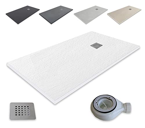 Plato de Ducha Resina Extraplano outletaseo – Todas las medidas disponibles - Antideslizante Textura Pizarra - Incluye Válvula desagüe+Rejilla (100x70, Blanco RAL 9003)
