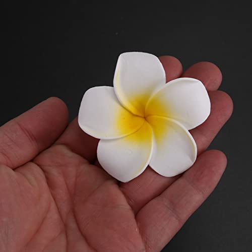 YHJIC 100Pcs White Foam Hawaiian Frangipani Artificial Plumeria Flower Petals Cap Hair Hat Wreath DIY Wedding Decoration 5cm