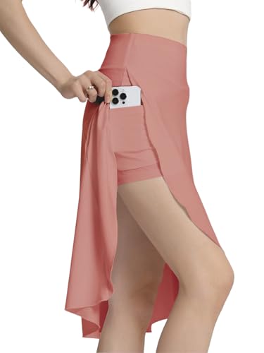 Bezioner Women's Skirt with Shorts High Waist Athletic Skort with Pockets Midi Length Flowy Skirt with Slit Ruffle Hem Pink XXL