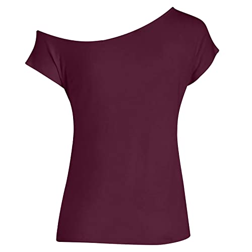 Camiseta informal de manga corta con hombros descubiertos para mujer, color sólido, irregular, color negro, Vino, L