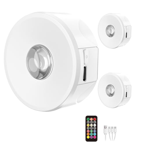 Wiederaufladbare LED Schrankbeleuchtung, Vanakrr 2000mAh RGB LED Spots Batterie 1800-6000K Dimmbar Vitrinenbeleuchtung, Fernbedienung, Timer, Schranklichter für Küche, Schrank, Unterbau, 3 Stück