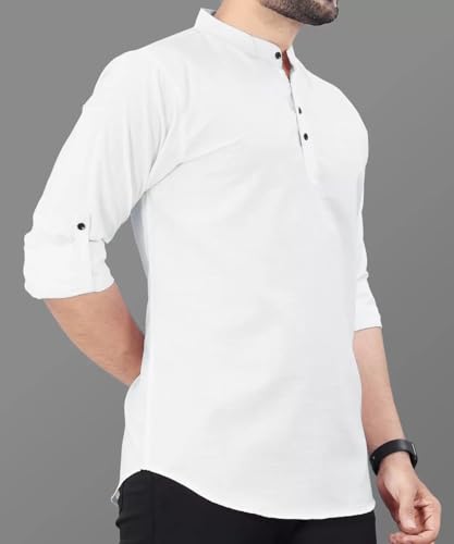 Image of DEEMOON Men's Regular Fit Solid Sprad Collar Casual Shirt with a Trendy Mandarin Collar Crafted from a Premium Cotton Blend