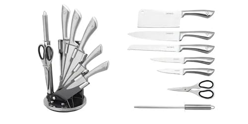 ROYALTY LINE, RLKSS600, Messerblock 8-teilig mit Fächerständer, Schere, Messer aus rostfreiem Stahl, rutschfeste Griffe, Schärfer inklusive - Silber - Standardgröße