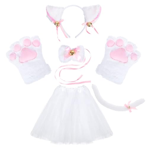 KEESIN Set di 5 pezzi per cosplay di gatto per ragazze, adulti, ragazzi, guanti con artigli in peluche, coda con orecchie da gattino, coda con gonna a ruota per adorabile costume da festa (bianco)
