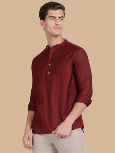 Image of KRYPTIC Men's Full Sleeve Regular Fit Short Kurta in Premium Pure Cotton with Patch Pocket and Mandarin Collar - Perfect Blend of Style and Comfort