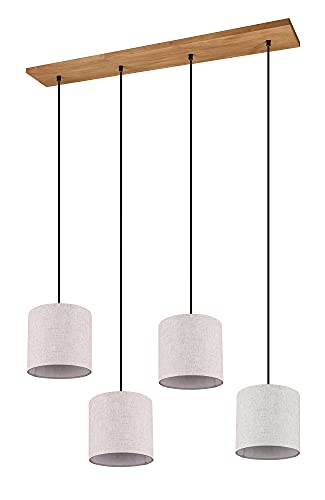 Trio Leuchten Pendelleuchte Elmau 302100430, Holz Pinie, Stoffschirm beige, Stoffkabel schwarz, exkl. 4x E27, Nickel Antik