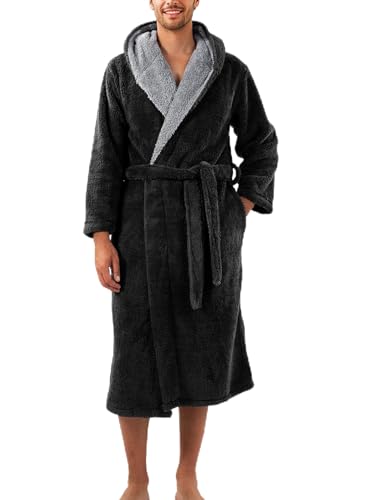 DAVID ARCHY Albornoz Hombre Batines para Casa Bata Larga con Capucha Cálida Suave Ropa de Dormir Polar coral de doble cara Ropa de Estar