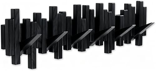 Key Holder Wall Mount, Splicable Wooden Piano Coat Rack Wall Mount, Modern Wall Art Flip Down Magnetic Hooks Wall Hook Hat Hanger for Entryway Key Holder Bedroom Kitchen (Black, 6 Hooks)