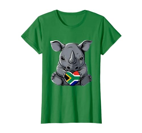 South Africa Flag Cute Rhino Heart South African Pride T-Shirt, Women, Kelly Green, Small