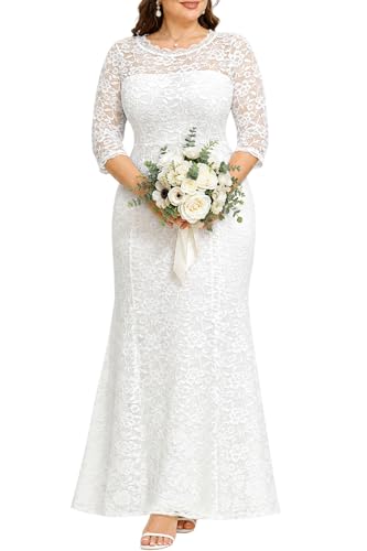 Image of Pinup Fashion Plus Size Formal Dress Women Wedding Lace Evening Gowns | Elegant lace mermaid evening gown, sheer 3 /4 sleeves, ideal for mother of the bride, prom, wedding guest