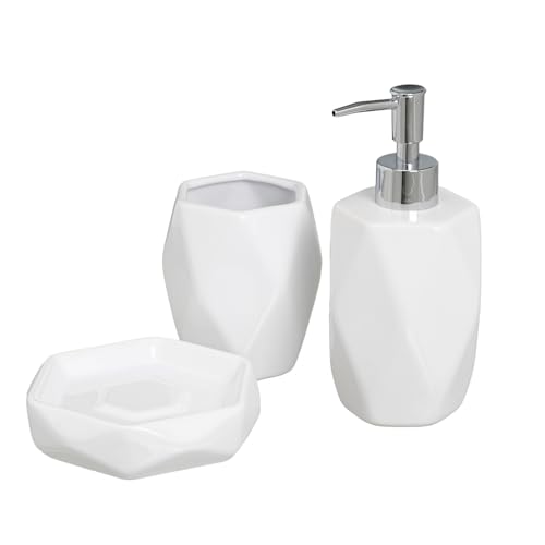 Set de dispensador, jabonera y portacepillos geométricos de cerámica Blancos