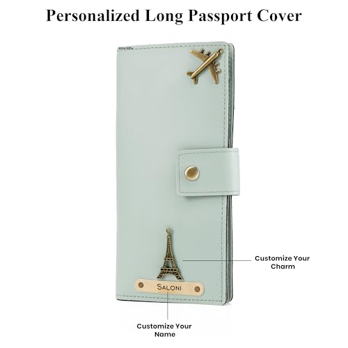 Image of AICA Personalized Name & Charm Long Leather Wallet Passport Cover (Mintgreen) with Passport, Boarding Pass, Currency, Card Slot & Coin Holder for Men & Women | Diwali Gifts for Family and Friends