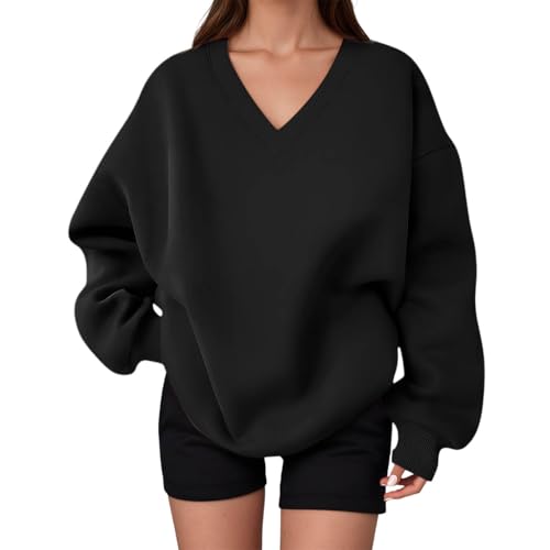 Image of Women's Sweatshirts Women's Oversized Sweatshirt V Neck Long Sleeved Pullover Elegant Casual And Cute Sporty Hoodless Sweatshirt (Black, XXL)