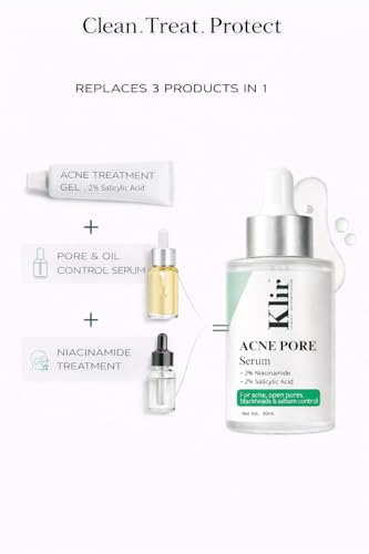 Image of Klir Acne Pore Serum for acne, blackheads, open pores, excess oil with 2% Salicylic Acid, 2% Niacinamide, Zinc, Centella Asiatica(30ml)