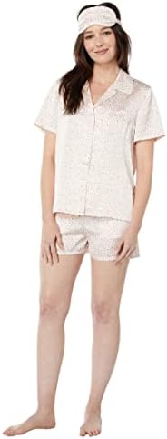 Barefoot Dreams Washed Satin Short PJ Set, Shirt and Shorts for Sleep and Relaxation, Luxe Satin Sleepwear with Sleep Mask, Rose Mist Ditsy, MD