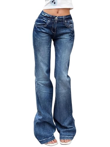 EMMIOL Flared Jeans Damen Mid-Low Waist Schlaghose Damen Curvy Mode Bootcut Hose Faded Denim M