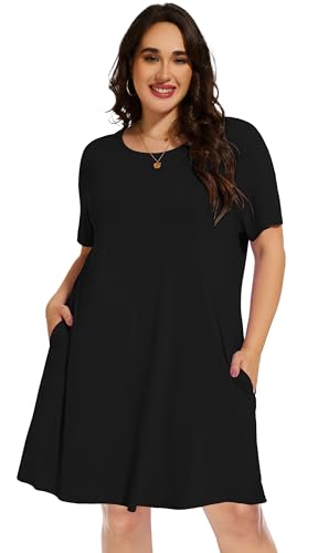 Image of elescat Plus Size Summer Dresses for Women Casual Short Sleeve Pockets Loose Oversized T Shirt Sundress 2026