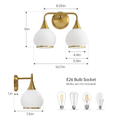Image of Brushed Gold Bathroom Light Fixtures 2-Lights Vanity Lights with Milky White Frosted Glass Shade Bathroom Vanity Light 14 inch Wall Sconce Lighting Bath(Exclude E26 Bulb)