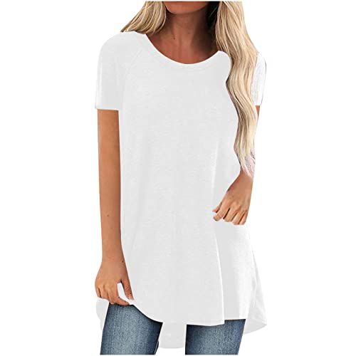 Mrat Swing Tops For Women Long TopsO Neck Short Sleeve Tops Solid Color T-shirt Longline Plus Size Tees Summer Plus Size Shirt Blouse For Women 20-22 Uk White 5XL