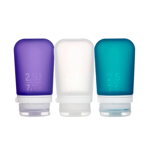Image of humangear GoToob+ Bottles - Silicone Leak-Proof Travel Tubes for Toiletries, Camping & TSA Carry-On (3-Pack), Medium (2.5 fl oz; 74ml), Clear /Purple /Teal