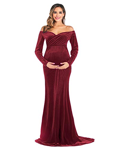 JustVH Velvet Maternity Off Shoulder Half Circle Fitted Gown Maxi Photography Dress for Baby Shower Photo Props Dress Burgundy - Image 3