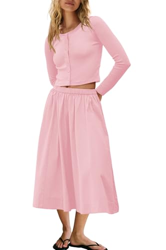 Image of Panadila Womens 2 Piece Lounge Sets Matching Vacation Outfits Ribbed Button Down Cardigan and Elastic Waist Skirt Sets (Baby Pink,M)