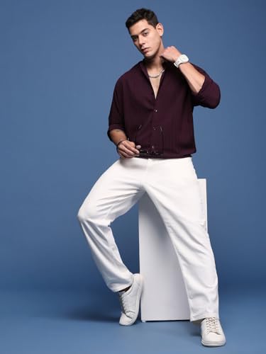 Image of SHOWOFFFF Men Solid Casual Shirt | Mandarin Collar Full Sleeves Cotton Shirt for Mens | Slim Fit Regular Length Shirt for Men's