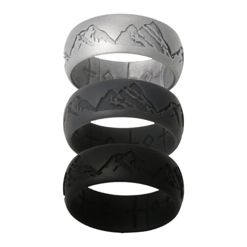 OIDEA Anillo de Boda Silicona Hombre: 3 Colores Anillo de Compromiso con Diseño de Montañas de Goma Transpirable Regalo de San Valentín Talla 22 - para deportes Ejercicio Gimnasio