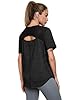 Terecey Ladies T Shirts Casual Basic Shirts Short Sleeve Crewneck Tops Loose Fit Summer Womens Longline T-Shirt Pilates Dance Open Back Tee, Black XXL #1