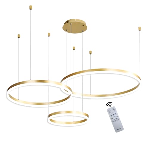 WayLuoung Lustre LED en Métal | 3 Cercles 20+40+60cm | 45W Plafonnier Suspendu Avec Anneaux, Télécommande à Intensité Variable 3000-6000K, Abat-jour en...