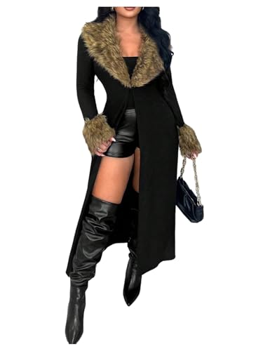 SOLY HUX Womens Fur Coat Open Front Long Cardigan Sweaters Black
