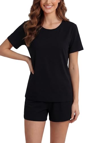 Image of LUBOT Pajamas for Women Set Bamboo Viscose with Cotton Cooling Soft 2 Piece PJ Sets Short Sleeve Nightwear S-2XL