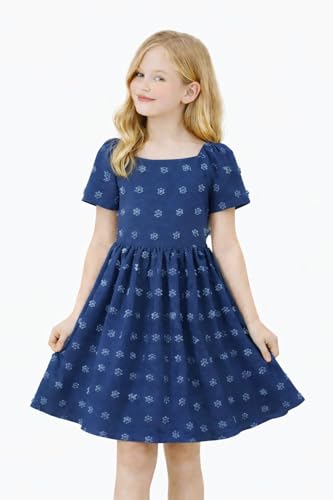 Image of HILEELANG Girls Summer Dress Bow Tie Back A-Line Party Dress for Little Big Girls Short Sleeve Dress with Lining 6-12 Years