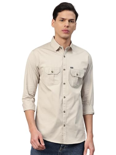 Image of Majestic Man Men's Washed Cotton Twill Casual Shirt -| with Dual Flap Pockets - Slim Fit | Full Sleeve | Casual Wear | Trendy & Comfortable