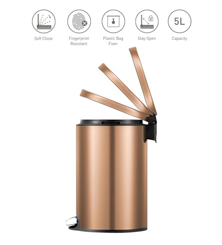 Image of Obsessions EKO Soft-Close Bathroom Trash Can - 5L Stainless Steel Pedal Bin with Lid & Liner, Elegant Waste Basket for Home & Office, Bronze Copper