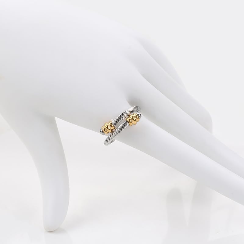 Twisted Cable Wire Rings for Women, Adjustable Stainless Steel Open ring in Two Tone Silver Gold Designer Brand Inspired Jewelries in Gift Box - Image 3