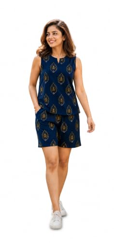 Image of Women's Cotton Night Suit Set - Soft Half Sleeve Top & Printed Shorts for Comfortable Sleepwear & Loungewear | Stylish Summer Nightwear for Women