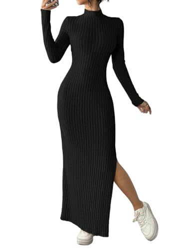 SweatyRocks Strickkleid Damen Herbst Bodycon Kleid Mit Schlitz Winterkleider Maxikleid Mit Stehkragen Herbstkleid Langarm Kleid Schwarz S