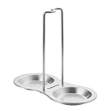 Vamotto Vertical Spoon Rest Holder with Two Resting Dishes, Stainless Steel Soup Ladles Holders, Standing Spoon Racks for Hotpot Restaurant, Buffet, Fast Food Restaurant, Kitchen Decor Tool (Silver)