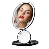 OVENTE 9' Rechargeable Lighted Tabletop Makeup Mirror with Mini Magnetic 10X Magnifying Mirror, Touch Screen Dimmable LED Lights, Portable Vanity Mirror Perfect for Bathroom or Travel, Black MOT22B