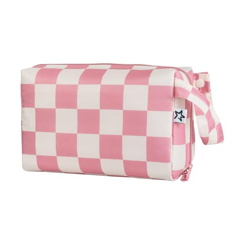 Tiny Twinkle Waterproof Travel-Friendly Makeup Bag Organizer | Wide-Open Cosmetic Pouch with Multiple Compartments & Snap Handle | Compact & Washable Toiletry Bag | Gift for Women （Pink Checkers