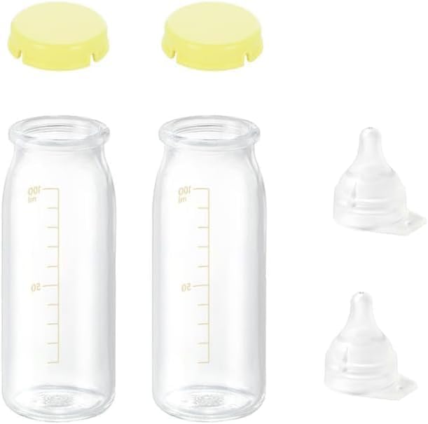 産院用 直付け 哺乳瓶100ml×2+ 直付け乳首 一般新生児用×2個 + ホコリよけキャップ(イエロー)×2個 ＋おまけつき